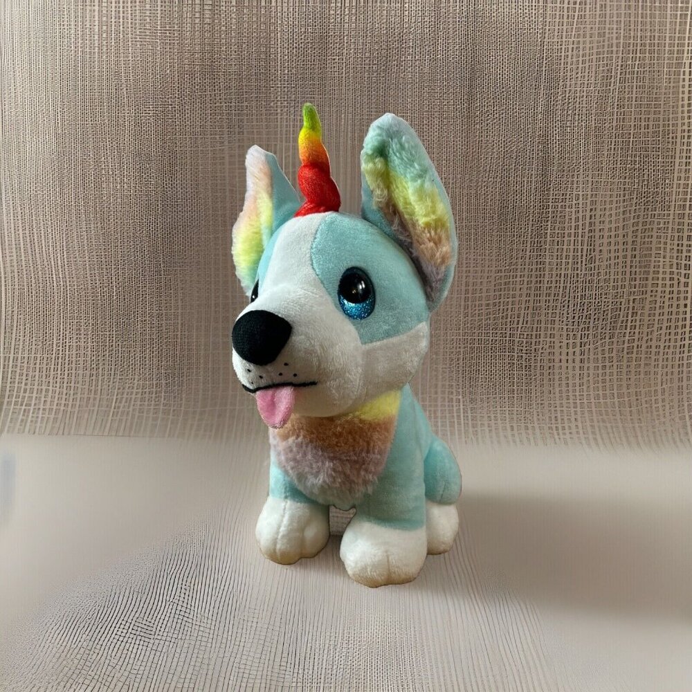 Ideal Toy Puppy Unicorn Corgi Dog Rainbow Teal Stuffed Animal Glitter eyes Plush